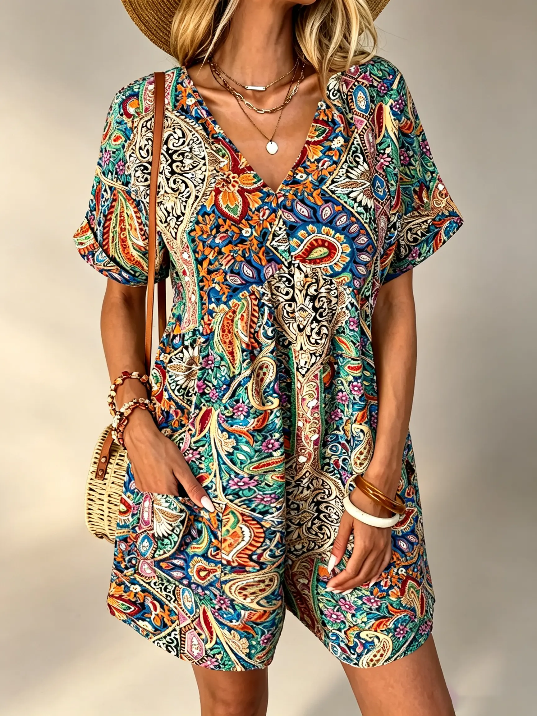 Women's Boho Floral Print Romper, V-Neck Short Sleeve Casual Jumpsuit with Pockets, Summer Beach Vacation Outfit