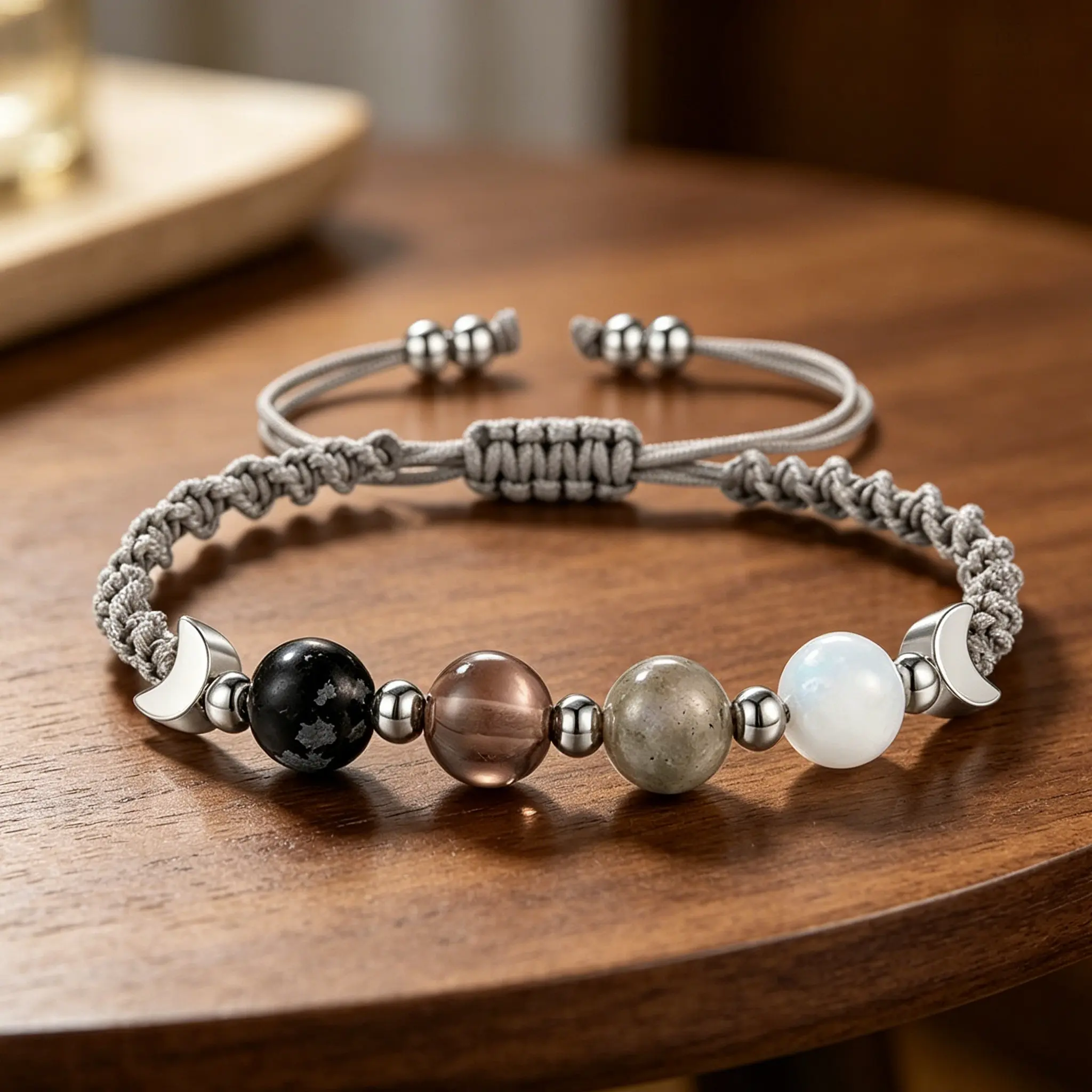 Women's Witchy Boho Natural Crystal Bracelet - Gradient Moonstone, Obsidian, Smoky Quartz Beaded, 6.5in-10in Adjustable Braided Jewelry, Witchtok Everyday Wear, Awaken Intuition, Any Style Accessory, Back to School, Choking Hazard Small Parts