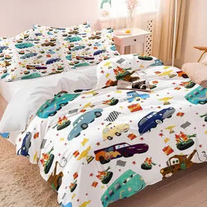 Vibrant Cars Theme Duvet Cover Set,Lightning McQueen & Mater Prints Bedding Set,Includes 1 Duvet Cover and 1-2 Pillowcases,Colorful Cartoon Printed Bedding Set,Race Car Decor for Kids Bedroom,Dorms & Fan-Themed Guest Room Decor