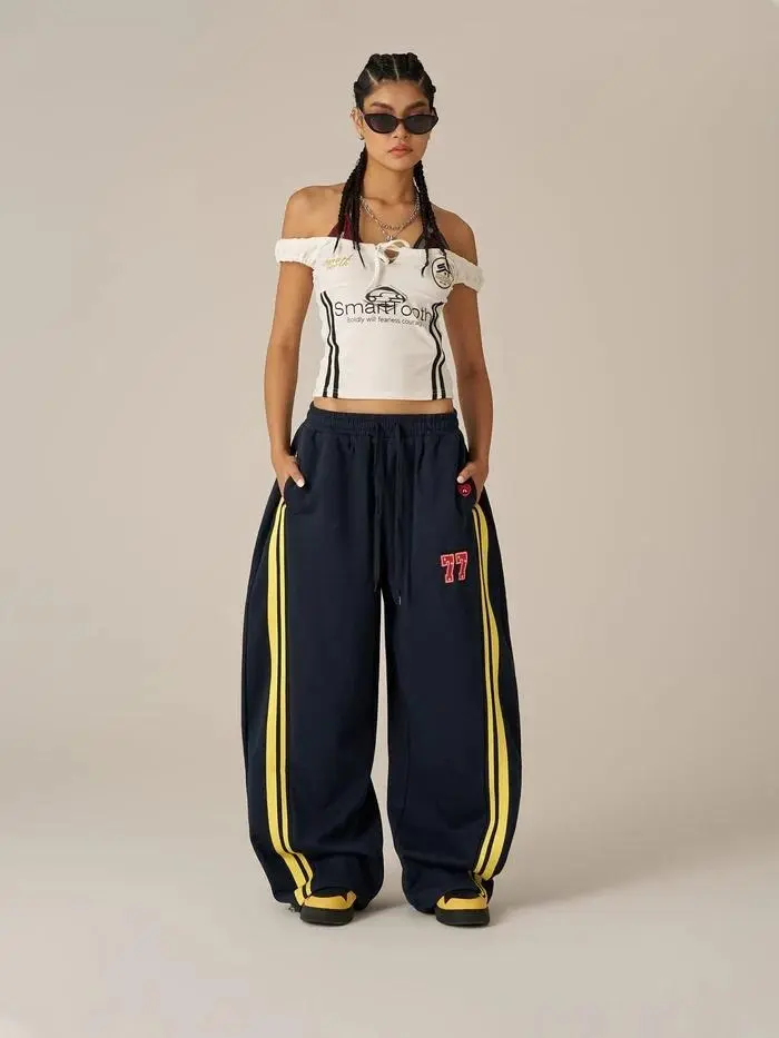 Aelfric Eden Men's Baggy Barrel Striped Bucket-Style Sweatpants - Unisex Aesthetic Polyester Cotton Low-Rise Bottoms, Elastic Waist with Drawstring, Pockets, Heart Embroidery Vintage Streetwear, Athleisure Fashion Pants, Baggy Sweatpants, Streetwear Cloth
