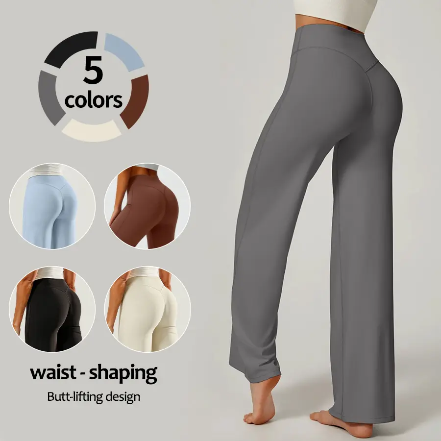 Women’s high-waisted wide-leg athletic pants, seamless high-stretch quick-dry fabric, breathable moisture-wicking design, snug comfortable fit, classic minimalist style, fitness training pants suitable for home workouts and Pilates, casual sportswear.