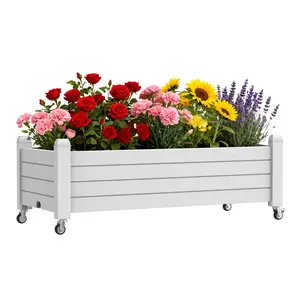 Extra Long Mobile Resin Planter Box with Wheels, Water Level Indicator & Drainage, Indoor Outdoor Garden Bed for Vegetables Flowers，grayish-white