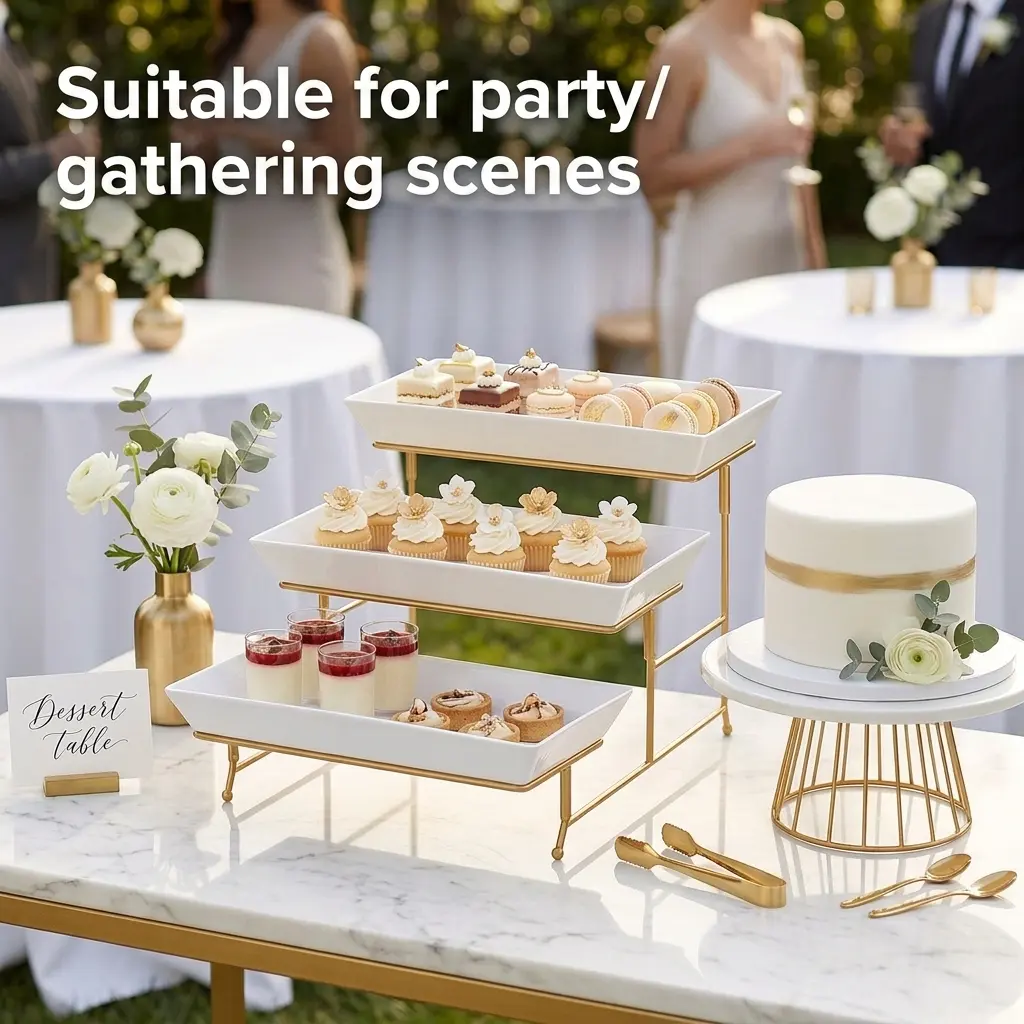 Gagaee Durable 3-Layer Unbreakable Plastic Dessert Display Stand Set - Tabletop 3-Dish Organizer, Cake Stands for Party, Ideal for Fruits, Candies, Nuts, Plastic Plates Tray for Birthdays