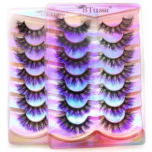 Fluffy Volume False Eyelashes Cluster, 14 Pairs Wispy Cat Eye Look Faux Cluster Lashes, Natural Curling Eye Makeup Strip Lashes for Feline Lash Look