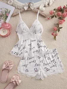 Women's Sleepwear Set with Shorts, Casual Fitted Design, All-Season Comfortable Loungewear, Plain Pattern, No Ca Prop 65 Warning, Heart, Lightweight