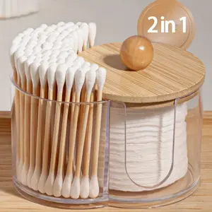 Makeup round pad/dental floss pick holder, bathroom essential jar accessories, bathroom tissue jar, vanity organizer, two-in-one one bamboo cover cotton swab box, makeup remover cotton storage box, desktop cotton pad storage box, Cosmetic Storage