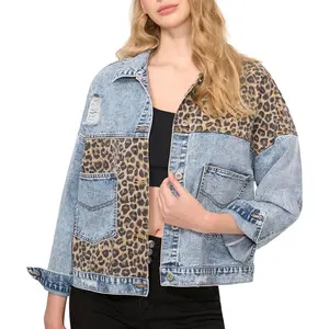 Women Jean Jacket Leopard Denim Jackets for Women Cheetah Print Jacket Coats, Washed Long Sleeve Ripped Jean Coat