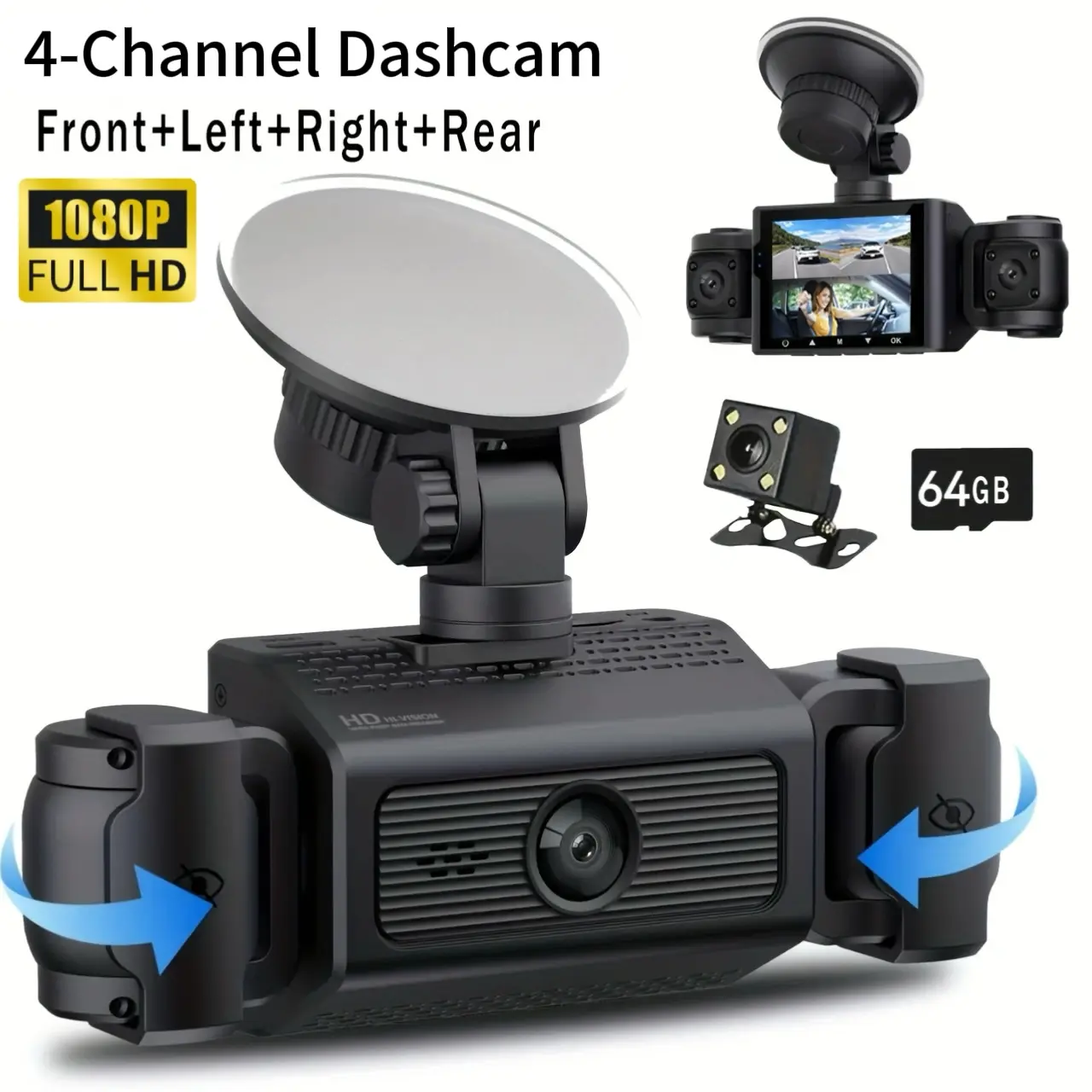 4-Channel 1080P DashCam, Front,Back,Left&Right Adjustable Lens Dash Cam , Car Recorder , Car Camera With IR Night Vision, Cycle Recording, With Free 64 GB Card#dealsforyoudays Autos Automotive Vehicle Black