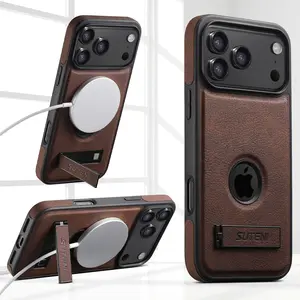 Luxury Faux Leather Phone Case Stand, Protective Phone Cover, Magnetic Wireless Charging, Litchi-like texture on the surface, Fits iPhone 17 Pro Max 16 Plus 15 14 13 12