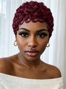 pixie Human Hair Pixie Cut Wig  Short Curly Wavy Wig with Bangs, Density Natural Black Color, Rose Net Cap for Women, Elegant Style for Daily Use, Short Hair Wig, Stylish Hairpiece, Kinky Curly Wigs