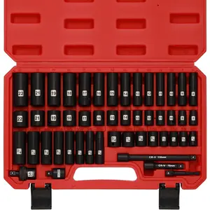 49 count 3/8" Drive Impact Socket Set, 5/16"-3/4", 8-22MM, SAE/Metric, 6 Point, CR-V, Includes Extension Bar, Adapter, Universal Joint