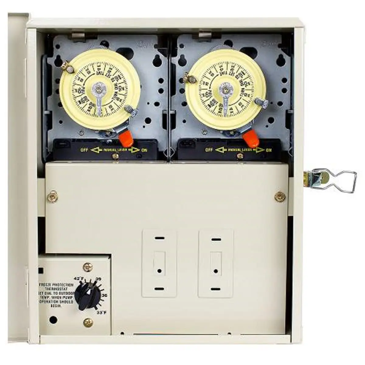 212 MAIN Heavy-Duty Dual Timer for Pool & Spa Equipment, Freeze Control, Wall-Mount Heavy-Duty Type 3R Metal Enclosure, Temp Control, GFCI Ready, 2 T104M Mechanisms