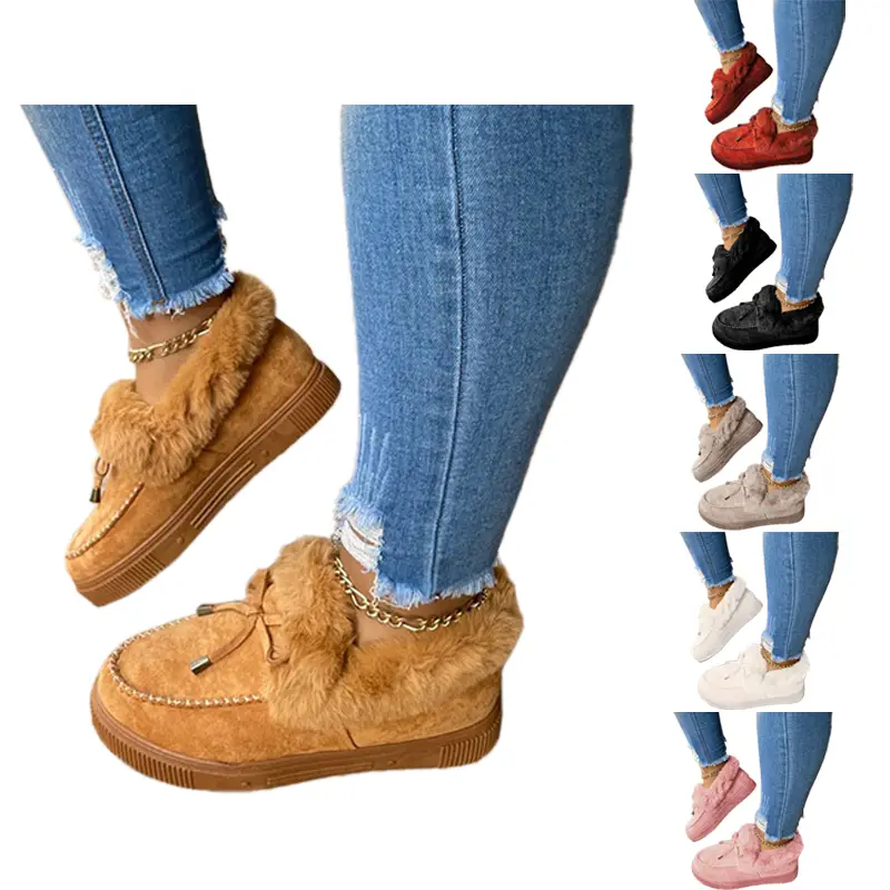 Women's Platform Warm Moccasin Slippers Slip On Loafer Plush Shoes Anti Slip Flat Walking Loafers Faux Fur Snow Boots Soft and comfortable suede slip