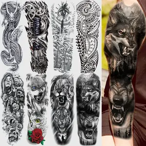 8 Sheets Lion Wolf Rose Full Arm Temporary Tattoo Stickers, Realistic Dragon Mechanical Arm Waterproof Body Art Tattoos for Men Women Adults, Fake Tattoos