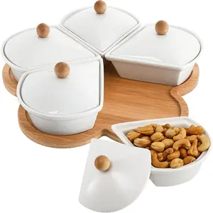 Ceramic Divided Serving Dishes with Lids and  Platter, 5 Removable Dipping Bowls Relish Tray Nuts Dishes for Appetizer, Chips, Fruits, Candy, Condiment