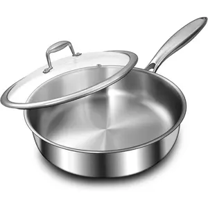 12-Inch Three-Layer Stainless Steel Frying Pan, Suitable for All Stoves, up to 600 ° C, Large Frying Pan with Lid, Induction Cooker Suitable for Frying Pan, Can Be Put into Dishwasher and Oven to Clean, Heated Evenly, 12-Inch Frying Pan + Lid