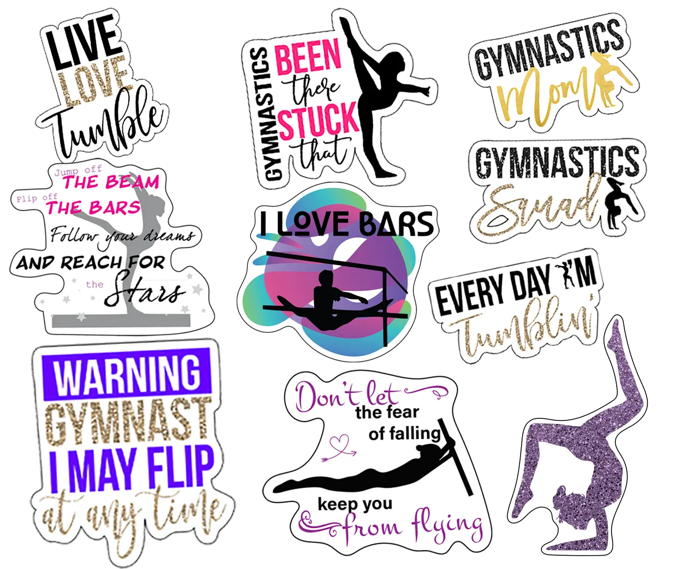 Waterproof Vinyl Gymnastics Stickers for Home Room Decor, Gymnastics Stickers, Ten Vinyl Stickers Supporting Gymnastics, Great Gymnastics Gift, Decorative Stickers