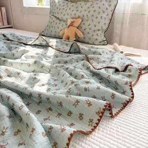 1pc Four-Layer Ultra-Soft Crepe Coverlet, Breathable Cotton Linen Nap Blanket, Lightweight Summer Air Conditioning Quilt, Portable and Lightweight Bed Coverlet