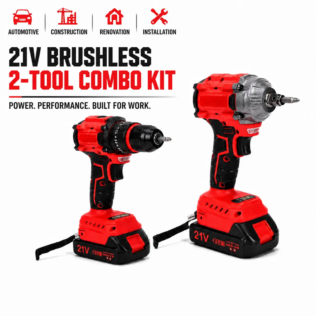 21V Brushless Impact Driver & Drill Combo Kit, 350Nm High Torque Cordless Power Tools Set with 2 Batteries, 2400RPM Drill, LED Worklight, 110V US Charger for DIY, Auto Repair Supplies