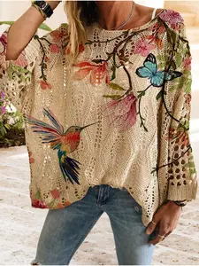 Women's Butterfly Floral Print Long Sleeve Knit Top, Casual Elegant Vacation Style Sweater, Loose Batwing Shoulders, Spring Summer Fall, Knitwear