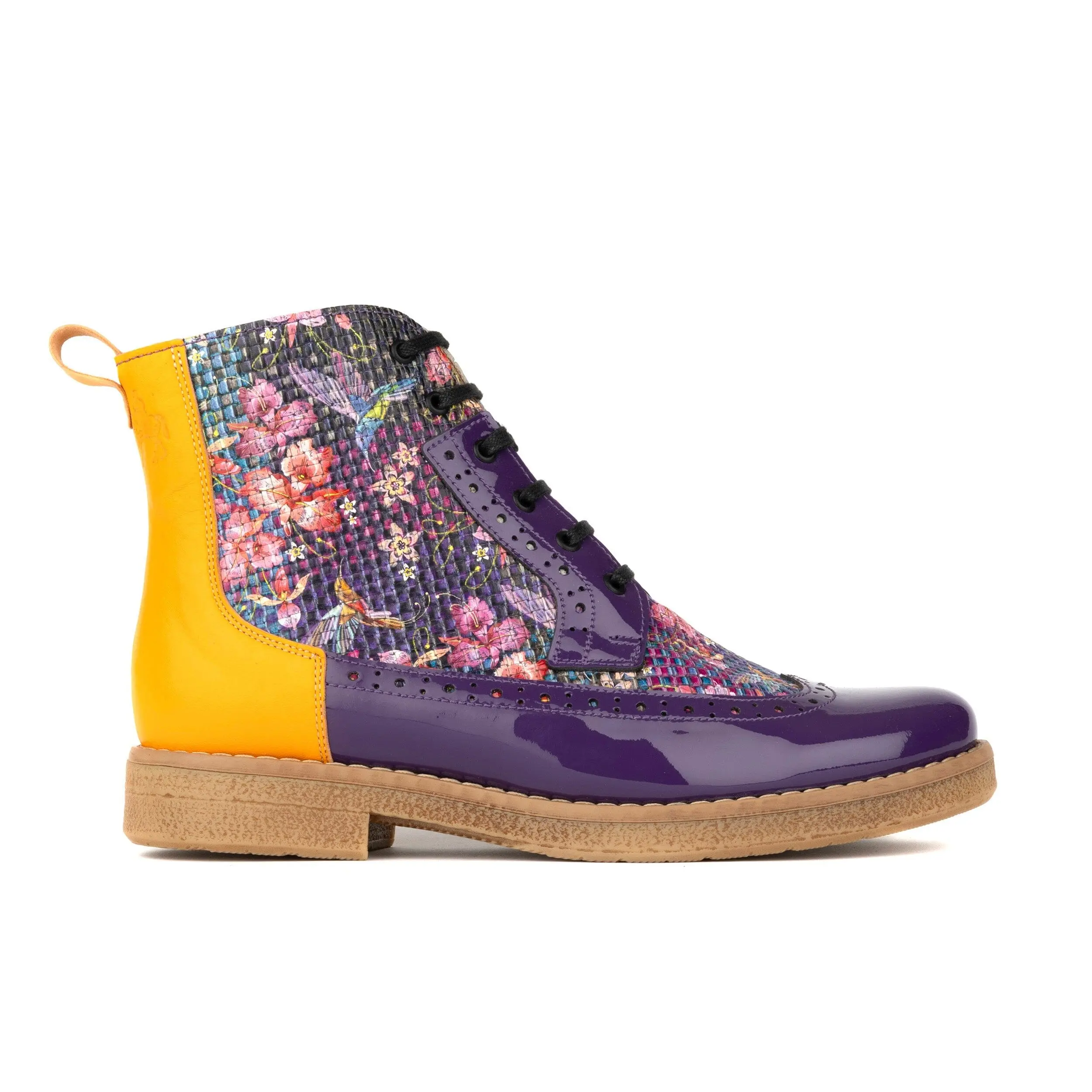 Hatter Purple & Hummingbird Women Girl Ankle Boots with Embossed Floral Leather Pattern Yellow Purple Accents Italian Leather Comfortable Rubber Sole for Everyday Wear