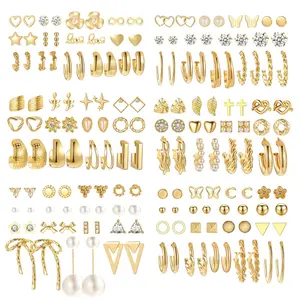 A Set of 82 Pairs Gold Trendy Earrings for Women,Pearl Bow Small Hoop Stud Earrings Pack, Earring Set Multiple Piercing for Birthday Party Gift,Hand Tools Kits