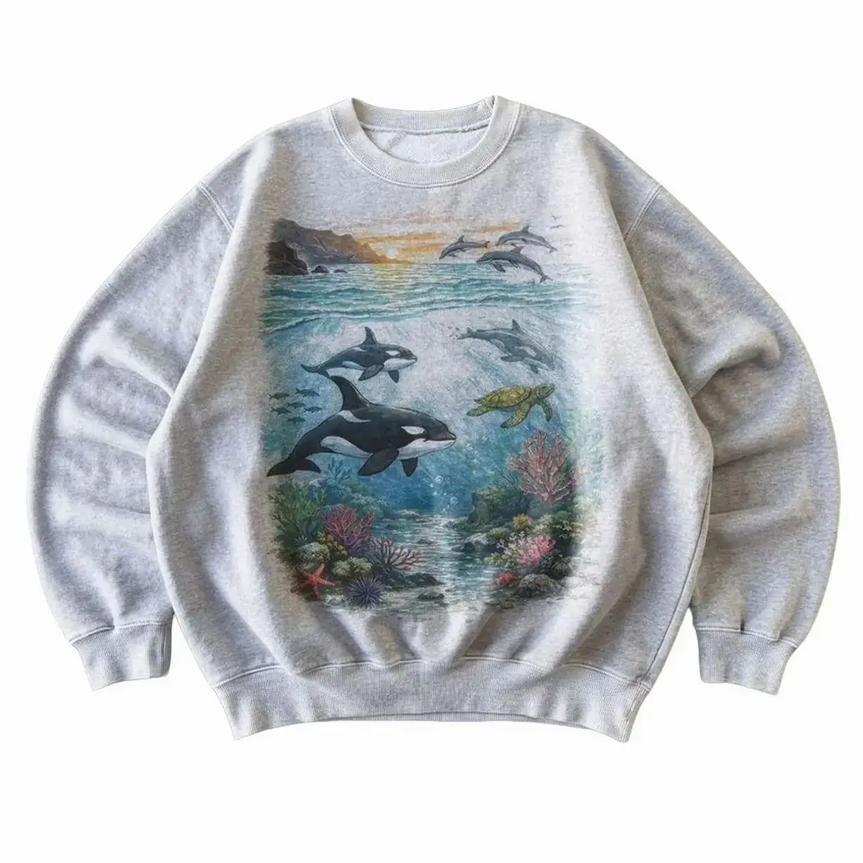 Orcas Sunset Sea Scene Vintage 90s Sweatshirt, Retro Ocean Dolpin Sweater, Cute Sea Turtle Sweater, Marine Life Graphic Crewneck