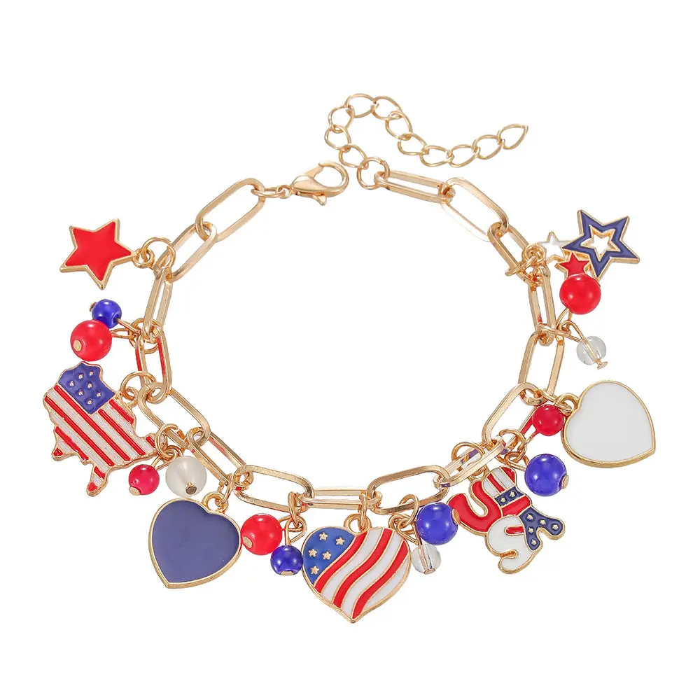 Patriotic USA Flag Charm Bracelet for Women Teen Girls 4th of July Jewelry Memorial Day Independence Day Gifts Red White and Blue Enamel Star Heart Olympic Sports Fan Link Chain Bracelet Celebrate, Adjustable, Usa Lettering