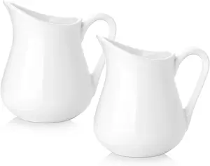 2 Pack 8 Oz White Creamer with Handle, Ceramic Small Creamer Pitcher Set of 2, Porcelain Small Milk Pitcher For Coffee Sauces Salad Milk, Microwave & Freezer Safe (8-Ounce, Set/2)