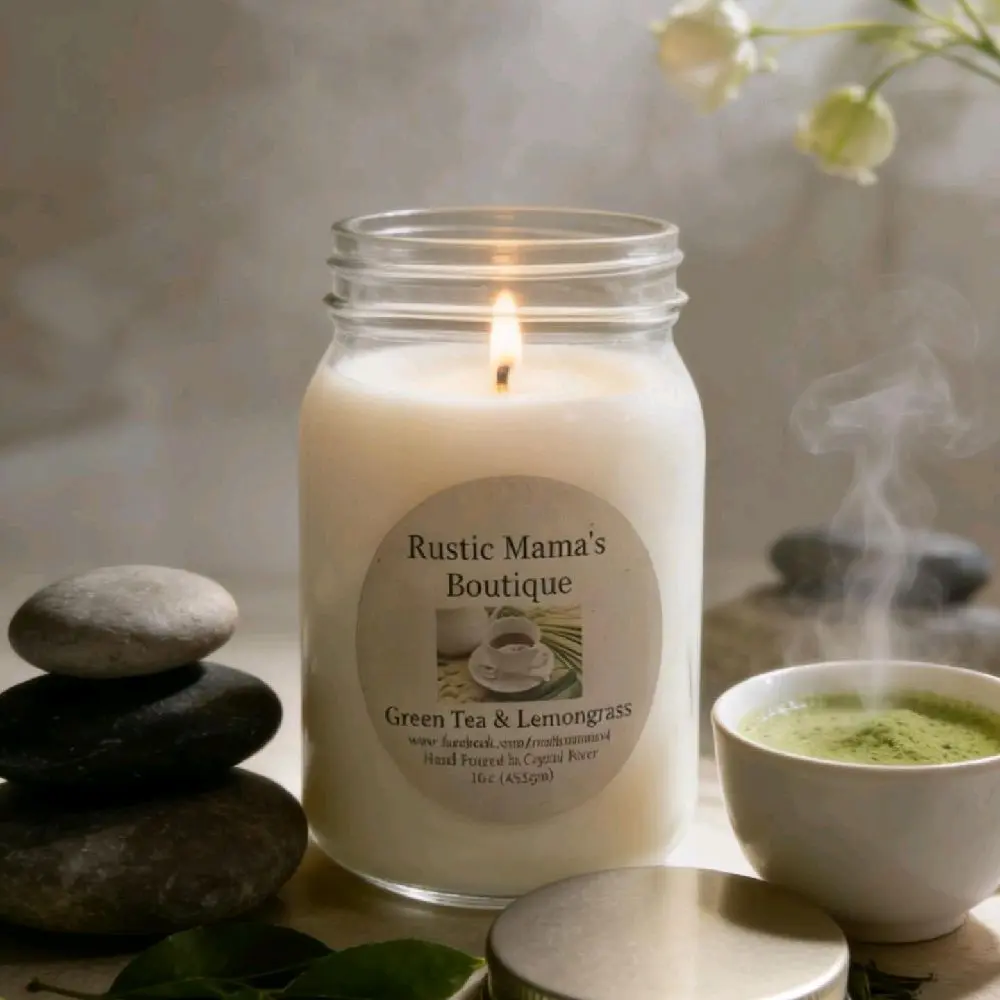 Rustic Mama's Boutique Green Tea & Lemongrass Fragrance Candle - 100% Soy Wax, Home Decor, Aromatic Scent Aroma for Home Supplies