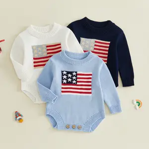 Newborn Baby Boy 4th of July Sweater Romper Loose Fit American Flag Pattern Long Sleeve Jumpsuit 0-12 Months