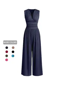 Women's Plain Ruched Deep V Neck Ribbed Fitted Jumpsuit, Elegant Chic Sleeveless Wide Leg Jumpsuit for Summer, Ladies Clothes for Beach Holiday Vacation