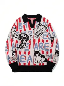 Men’s new autumn/winter casual loose-fit minimalist sweater with color blocking and English letter motifs, featuring a small kitten pattern; playful and cute, youthful look; polo collar, knitted long sleeves.