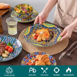 vancasso 12-Piece Dinnerware Set – Plates & Bowls Set for 4, Porcelain Dish Set, Microwave & Dishwasher Safe, Scratch-Resistant, Bohemian Style Tableware Service for 4, Series SIMI
