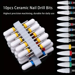 10pcs Ceramic Nail Drill Bits Set Milling Cutter For Electric Manicure Bit Flame Corn Files Pedicure Machine Polish Accessories Nail Grinding Tool Nail Art