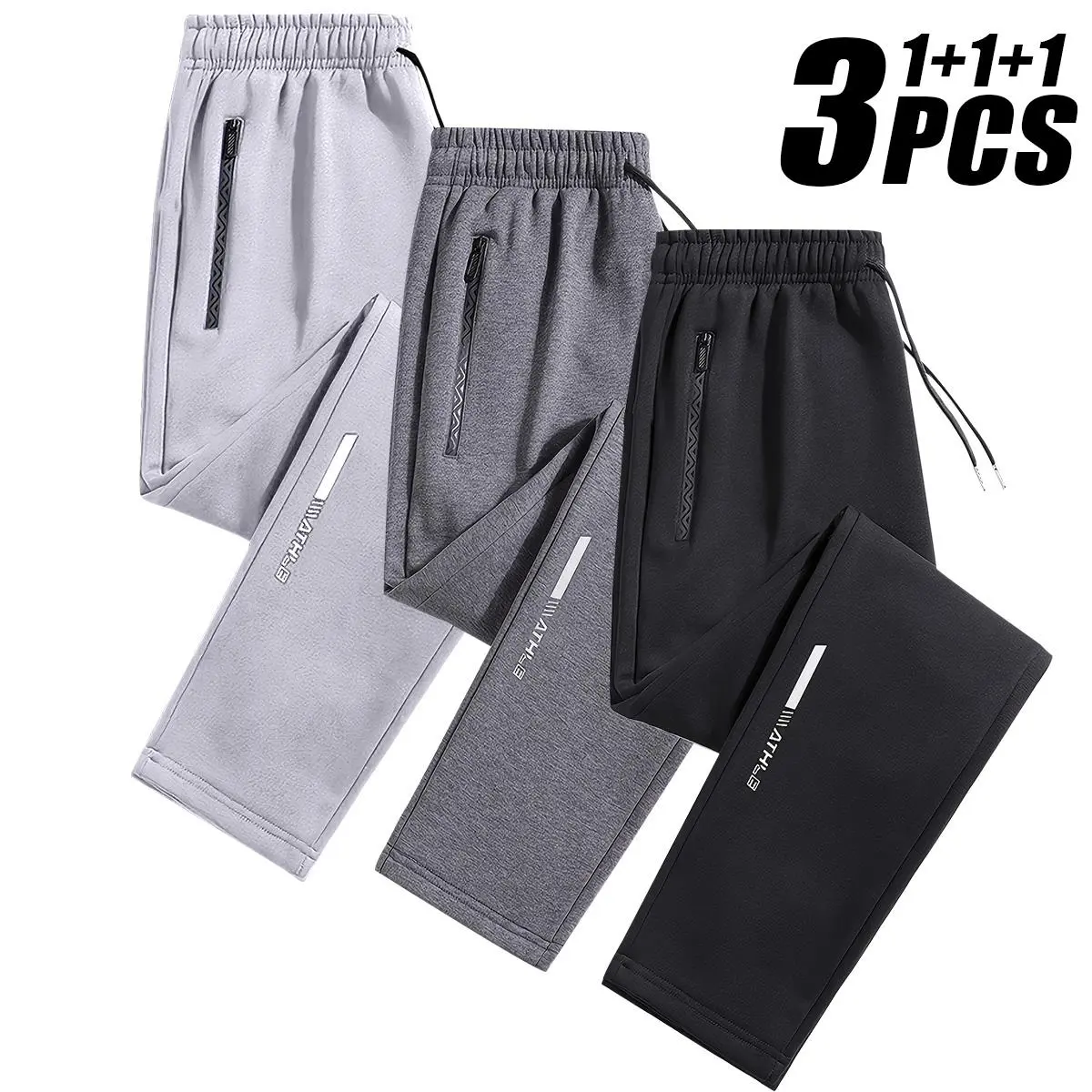 Men's 3-Pack Ice Silk Athleisure Bottoms - Activewear Tracksuit Pants, Sporty Chic Synthetic Drawstring Joggers, Breathable Lightweight Adjustable Regular-Fit Trousers for Yoga, Gym, Drawstring Joggers Pants, Fitted Cut, Synthetics, Athletic Wear