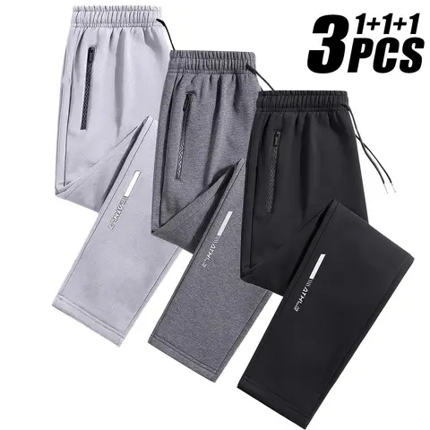 Men's 3-Pack Ice Silk Athleisure Bottoms - Activewear Tracksuit Pants with Plain Drawstring Waist, Synthetic Breathable Lightweight Adjustable Regular-Fit Trousers for Yoga, Gym