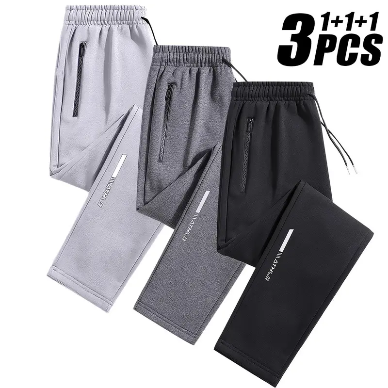 Men's 3-Pack Ice Silk Athleisure Bottoms - Activewear Tracksuit Pants with Plain Drawstring Waist, Synthetic Breathable Lightweight Adjustable Regular-Fit Trousers for Yoga, Gym