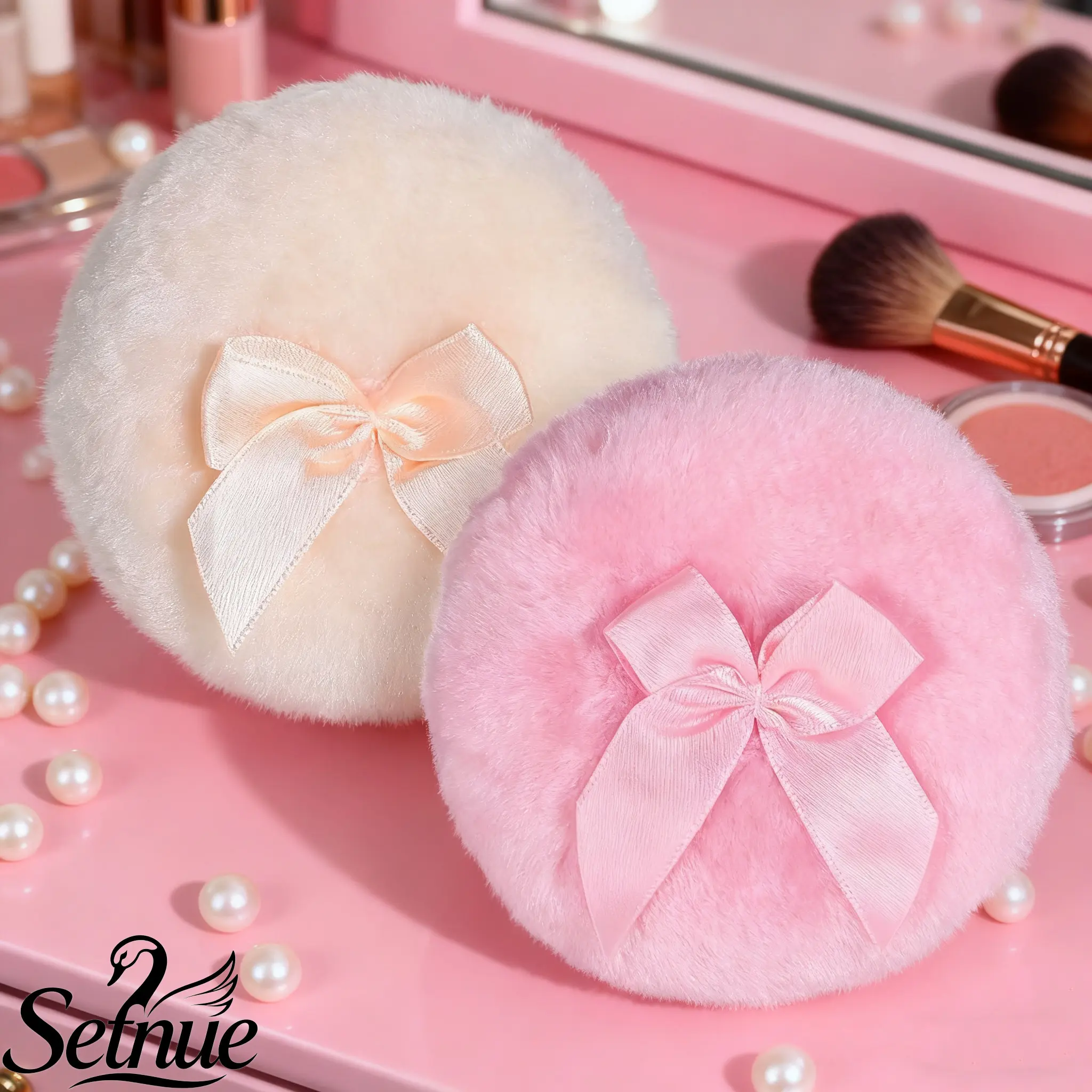 SETNUE 2PCS 3.5 Inch (8.5cm) Large Fluffy Bow-Accented Reusable Powder Puffs - Soft Round Makeup Sponges, Beauty Sponges for Sensitive & Normal Skin Face & Body Use, Daily Beauty Tool, Dry, 3.5 Inches