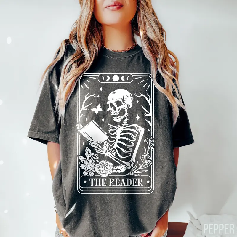 Women's Soft Cotton Fabric Short-Sleeve Round Neck Smooth Seamless Tarot Card Graphic Top - Skeleton Reader Design, Book Lover Gift