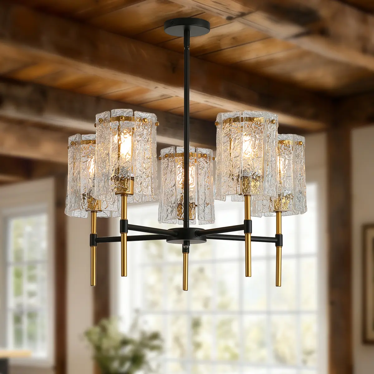 5-Light Black & Gold All-Metal Modern Industrial Adjustable Chandelier, Black Ceiling Fixture with Water Ripple Textured Glass Shade, E26 Bulb Compatible Ambient Light for Indoor Home Dining, Living Room, Adjustable Chandeliers, All-Metal Chandeliers