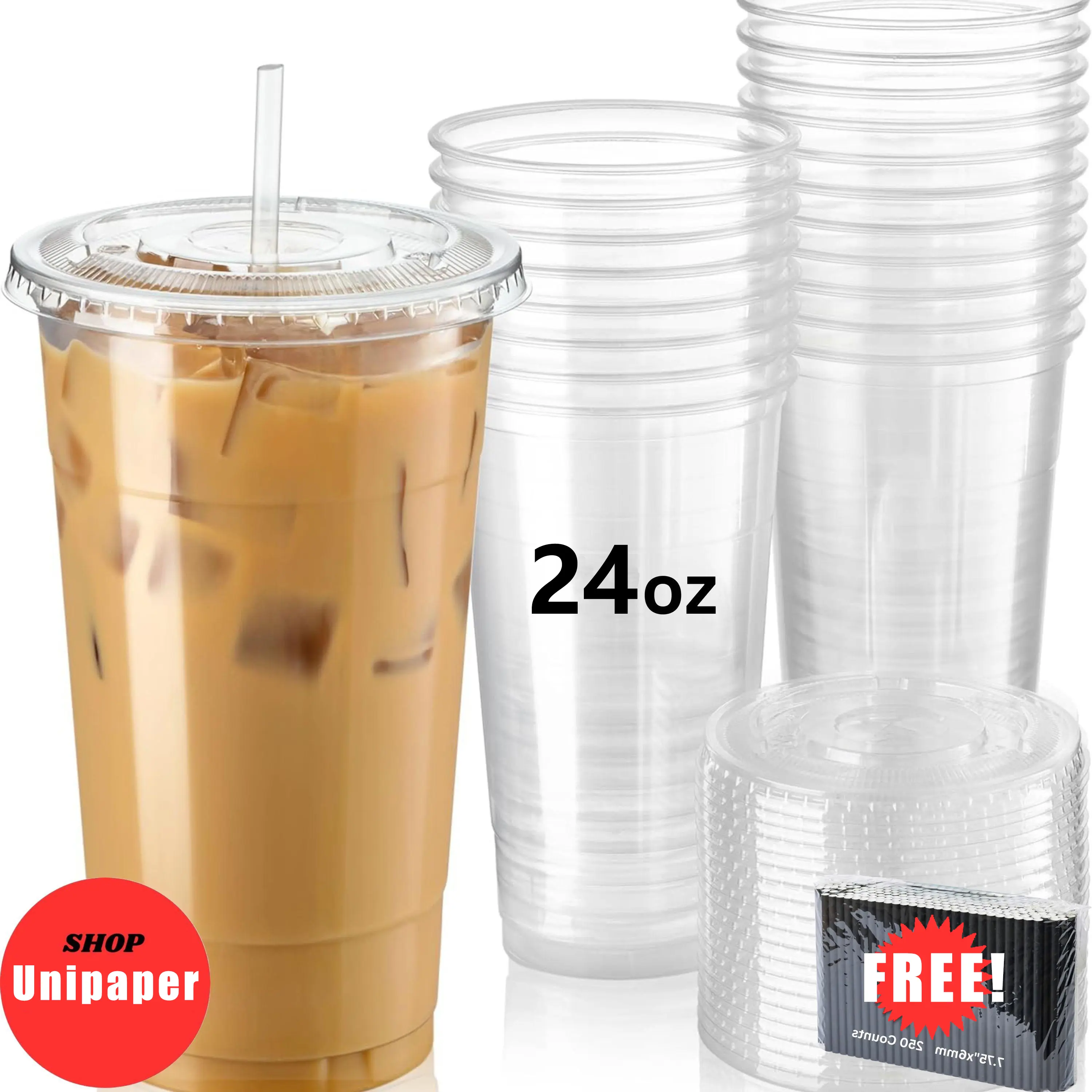 Unicup 24oz Clear Plastic Cups with Lids Plus 250ct Paper Straws for FREE Disposable Pack
