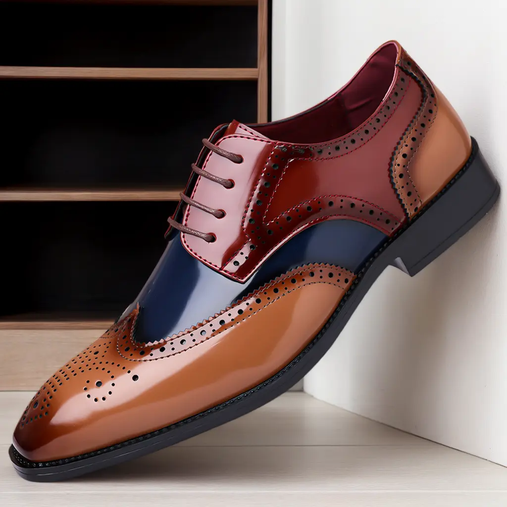 Men’s Classic Lace-Up Closed Wingtip Oxford Dress Footwear - Patent Leather, Brogue Detailing, Stylish Comfortable for Business, Formal Events, Year-Round Wear, Double Laces