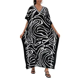 Plus Size Mumu Dresses for Women - Boho Batwing Sleeve Caftan with Side Slits, Long Moo Moo Nightgown & Beach Cover Up - Black Stripe-3