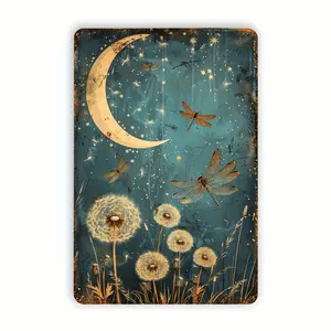 1pc Vintage Dragonfly and Dandelion Moonlit Sky Metal Tin Sign, Rustic Wall Art for Home, Office, Cafe, Bar, Library, Garage Decor, 8x12 inches Iron Plate