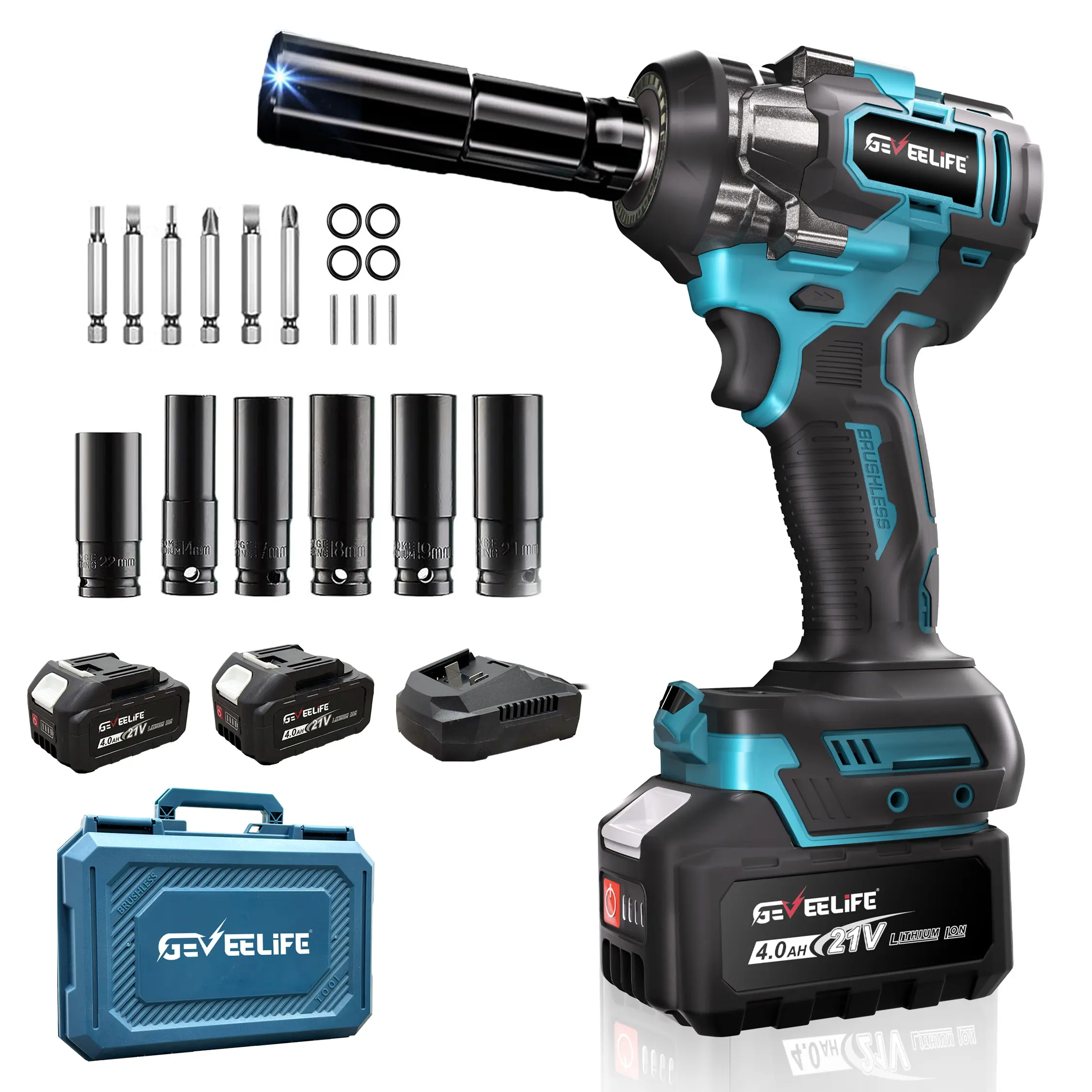 GEVEELIFE 700N.m Cordless Impact Wrench, Drill & Screwdriver, 1/2" Brushless Impact Gun with 4.0Ah Battery and 4 Sockets, Electric Power Tool Kit for Car, Furniture, Lawn Mower and DIY