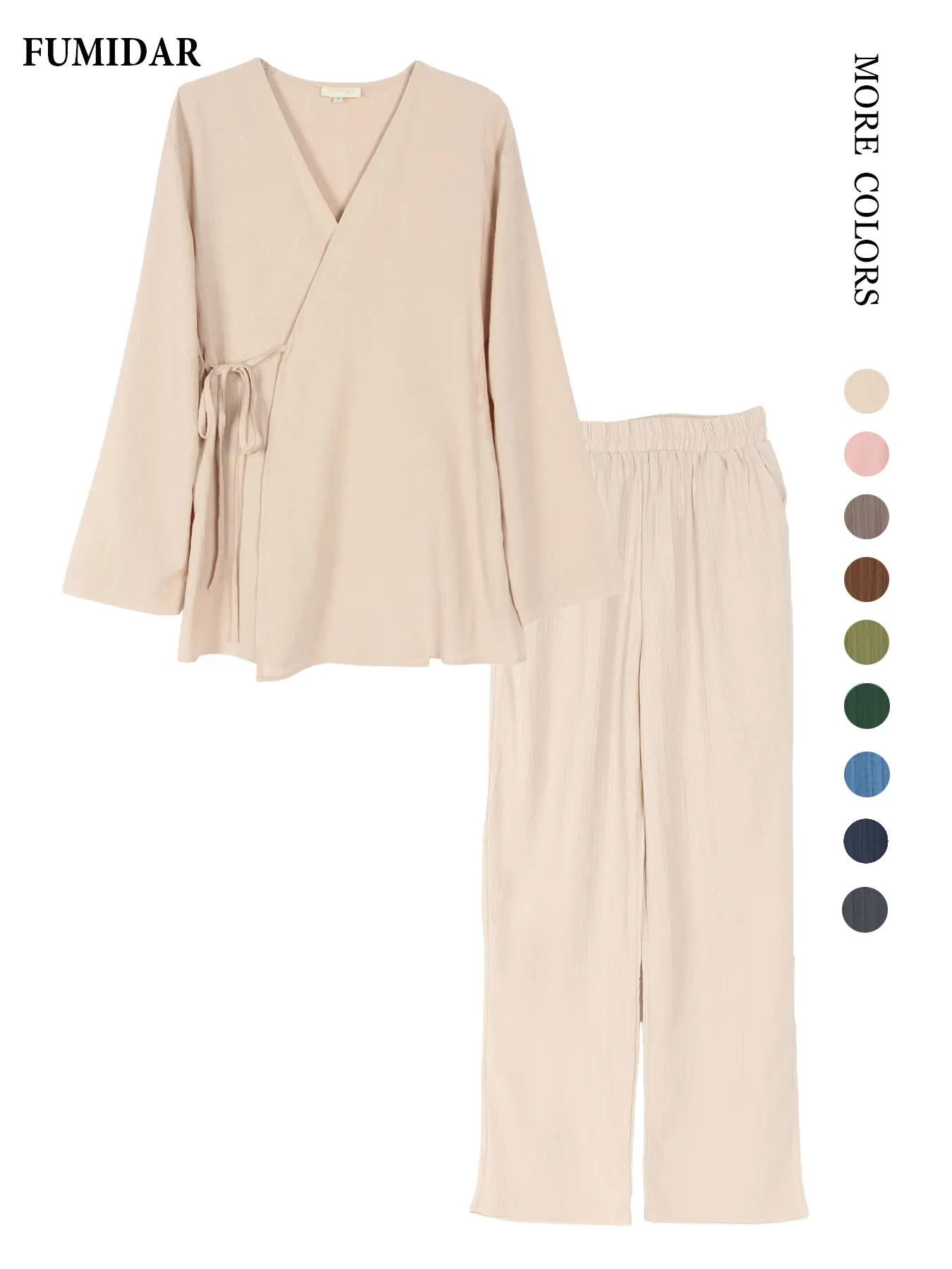 Women's Casual Basic Loose-Fitting Tie Front Top & Pants Set, Outfit, Elegant Chic Daily Wear with Pockets, Comfortable Long Sleeve