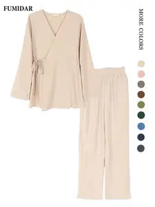 Women's Casual Basic Loose-Fitting Tie Front Top & Pants Set, Elegant Daily Wear with Pockets, Comfortable Long Sleeve Outfit