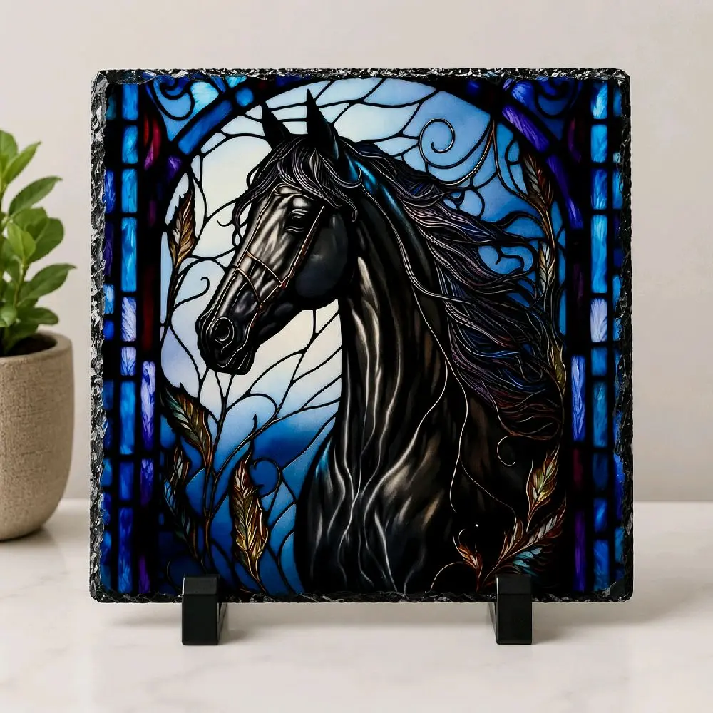 Black Horse Stained Glass Photo Slate, Decorative Tabletop Display Piece for Home Decor