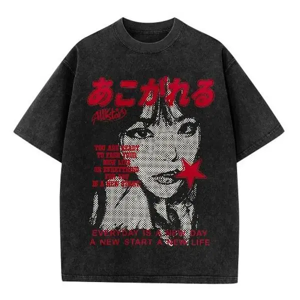 Y2K Retro Japanese Anime Girl Washed Black Oversized Plus Size T-Shirt, Red Halftone Printed Short Sleeve, Unisex Casual Crew Neck Top, Versatile Streetwear for Outdoor and Daily Wear